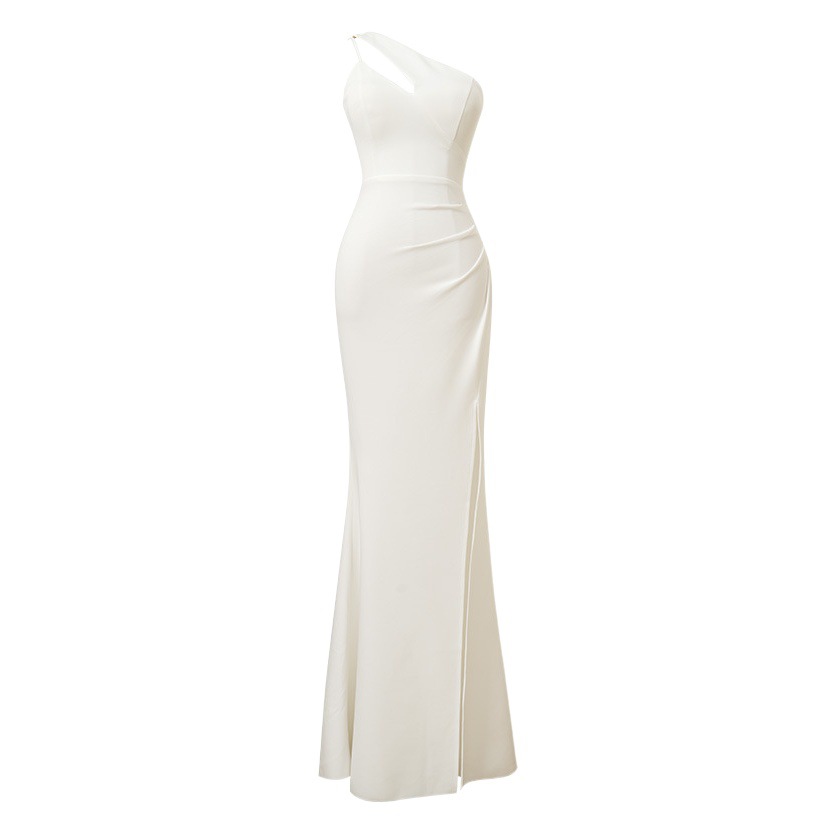 Hermanas cabeza estilo vestido de noche diseño temperamento vaina hombro oblicuo vestido de cola de pez modelo de coche anfitrión vestido tostado vestido largo