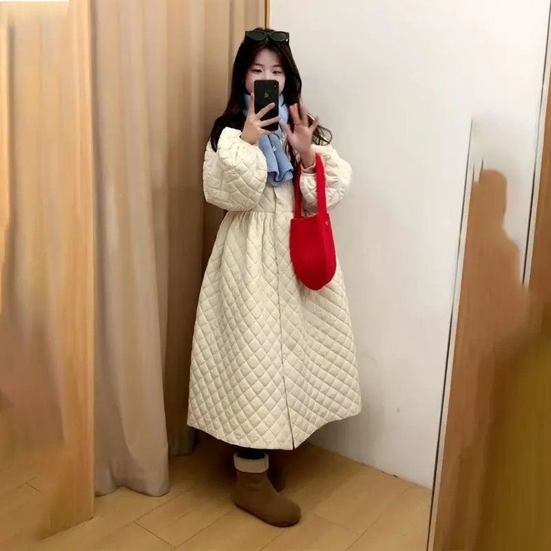 女童新款菱格棉服2026冬季中长款加绒连衣裙棉衣外套韩版加厚棉袄