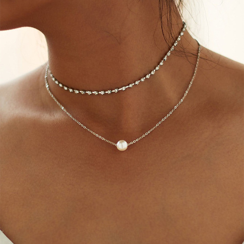 C107 European and American cross-border hot-selling jewelry classic versatile diamond claw chain imitation pearl pendant necklace set 2 pieces