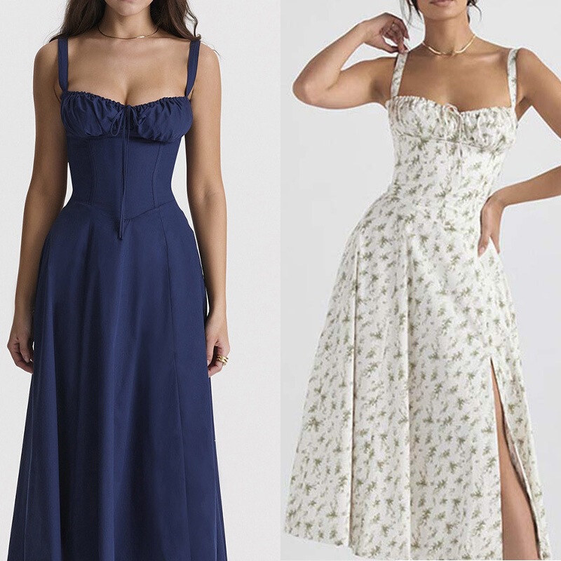Trendy Low-Cut Sexy Digital Print Dress with Tie-Back and Waist-Cinching Mid-Length Design from European, American, and Brazilian Independent Websites