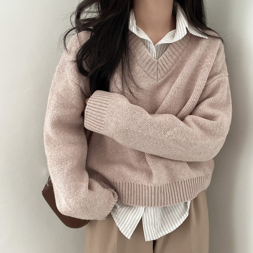 Actual Price - Korean Chic9 Color Basic Solid Color V-Neck Knit Sweater Long Sleeve Women's Warm Top