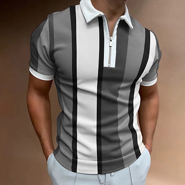 跨境潮流高尔夫球衫户外休闲3D条纹拼色男士Polo衫短袖拉链Polo衫