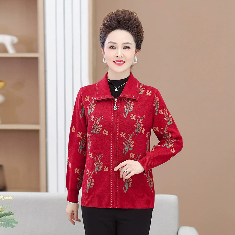 Год рождения Красный Маминская одежда весна-осень вязаное пальто с отворотом Благородный среднего и пожилого возраста на молнии короткий кардиган свитер