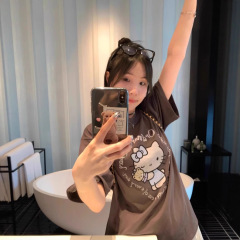 スポット韓国ニッチトレンドブランドジスジス同猫プリント半袖Tシャツレディースルーズラウンドネックトップ