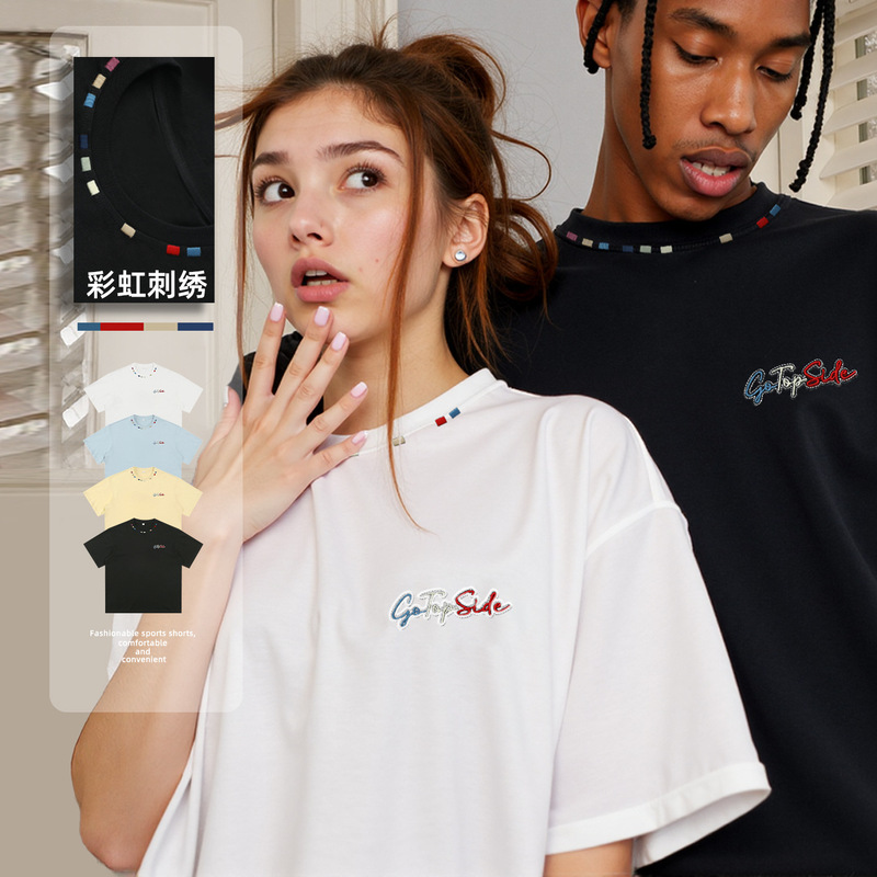 Colorful Letter Embroidery Short-Sleeved T-Shirt for Men, New Summer Style, Loose-Fitting, American Casual Trendy Brand Couple's T-Shirt Q