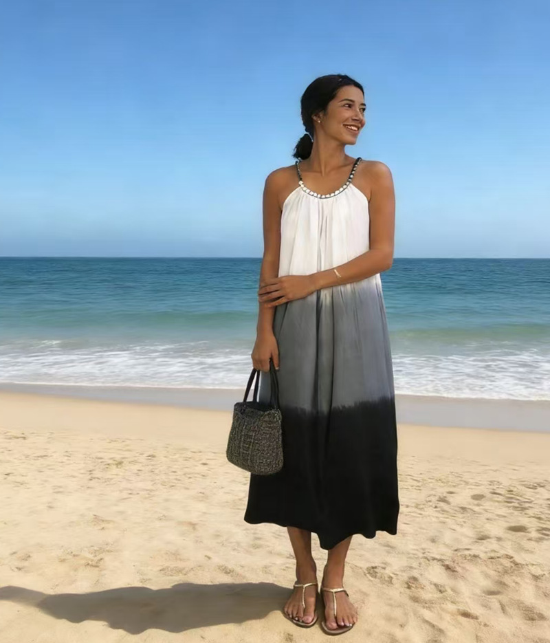 Plus Size Women Black Gray Gradient Tie Dye Suspender A Line Big Hem Midi Dress Casual Summer Beach Party Dress_ecoleips.com