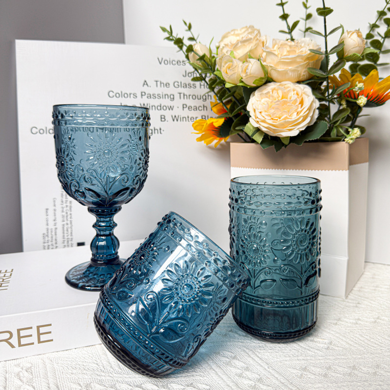 跨境彩色浮雕向日葵红酒杯葡萄酒杯水杯厚实感摆台杯子套装外贸杯