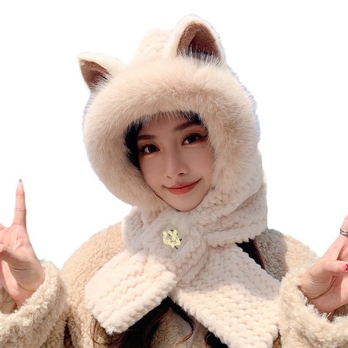 Fox ears hat women's 2024 new autumn and winter fashion scarf neck warm women's plush all-in-one hat