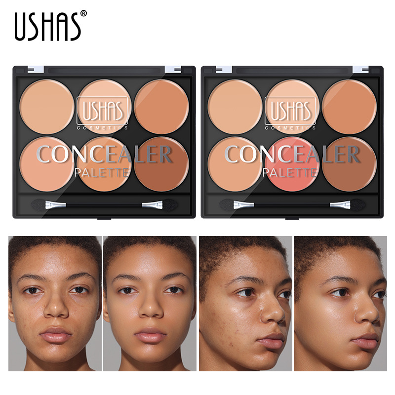 USHAS Cross-border maquillaje corrector de 6 colores paleta base impermeable ilumina el tono de la piel para una retención duradera