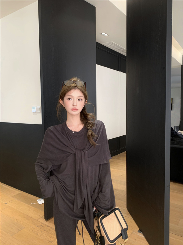 套装女秋款披肩假两件慵懒百搭圆领长袖T恤慵懒宽松休闲裤两件套|undefined