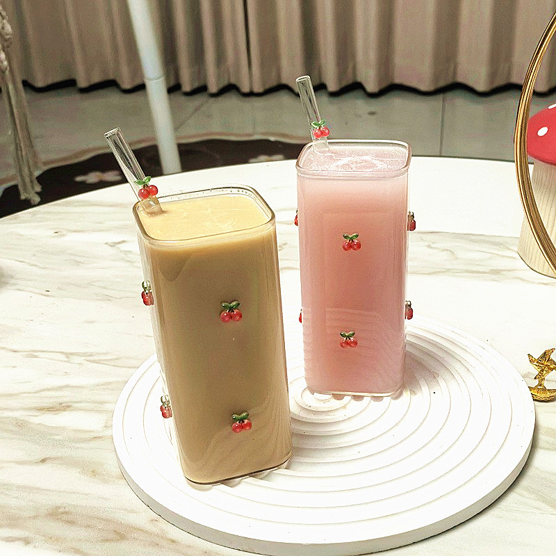 Glass Mug With Cherry Pattern For Cold Coffee And Juice_voghion.com