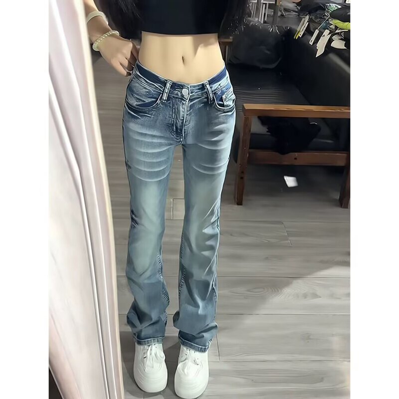American Retro Style Spicy Girl Low-Waist Flared Jeans for Women, Autumn High Street Design, Plus-Size Slim-Fit Narrow Flared Pants