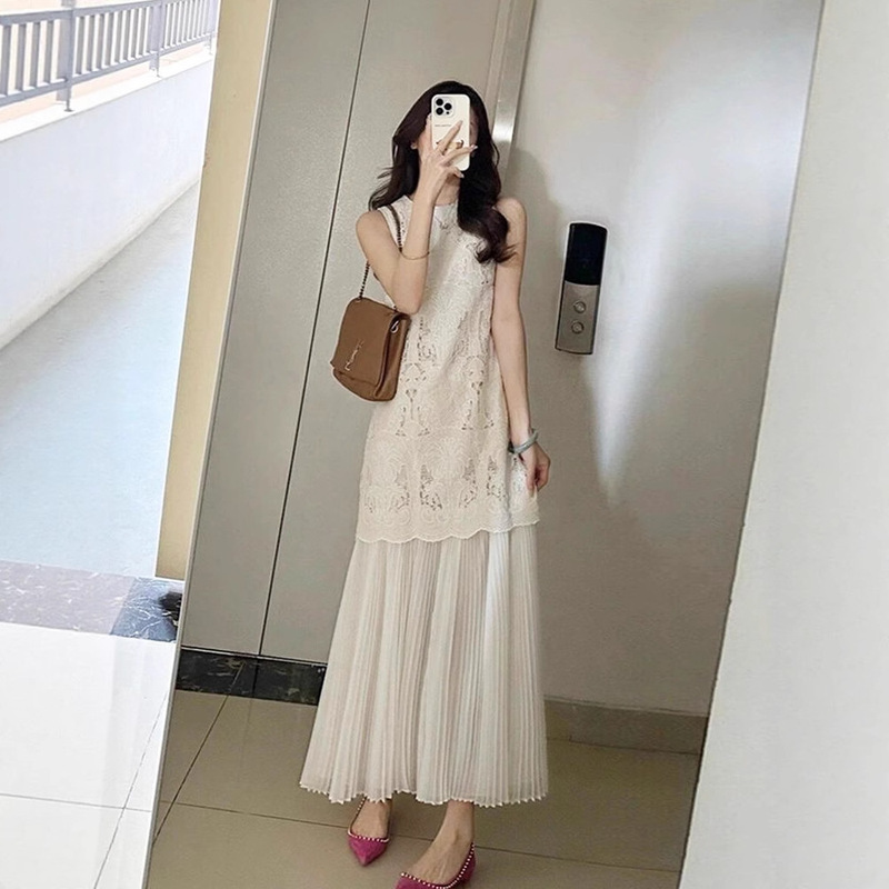 2025 Summer Elegant White Fake Two-Piece Splicing Dress Unique Beautiful Slimming Long Skirt French Cut Out Skirt