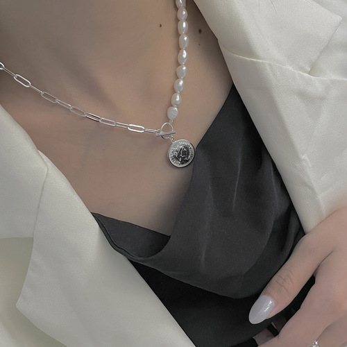 French celi heavy industry baroque freshwater pearl necklace S925 pure silver portrait coin queen lockchain