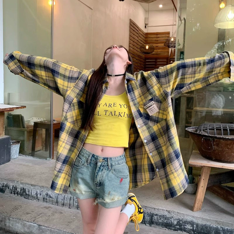 Корейское яйцо желтая клетчатая рубашка с длинными рукавами