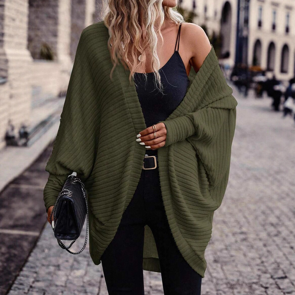 Women's Clothing V-Neck Knit Cardigan Sweater - Soft Loose Fit Long Sleeve Open Front Casual Pullover For Fall Winter (Black, Gray, Army Green)_voghion.com