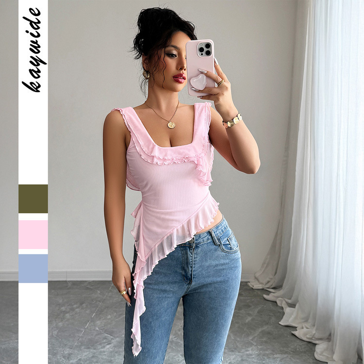 Cross-border European and American Simple Fashion Style Lotus Leaf Broken Lace T-shirt Women's Vest Women's 2025 Spring and Summer Amazon Top