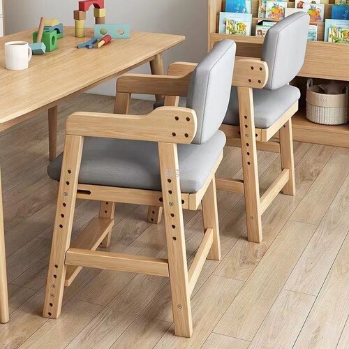 Children's solid wood chair, learning height-adjustable desk chair with back support for correcting posture, home dining chair
