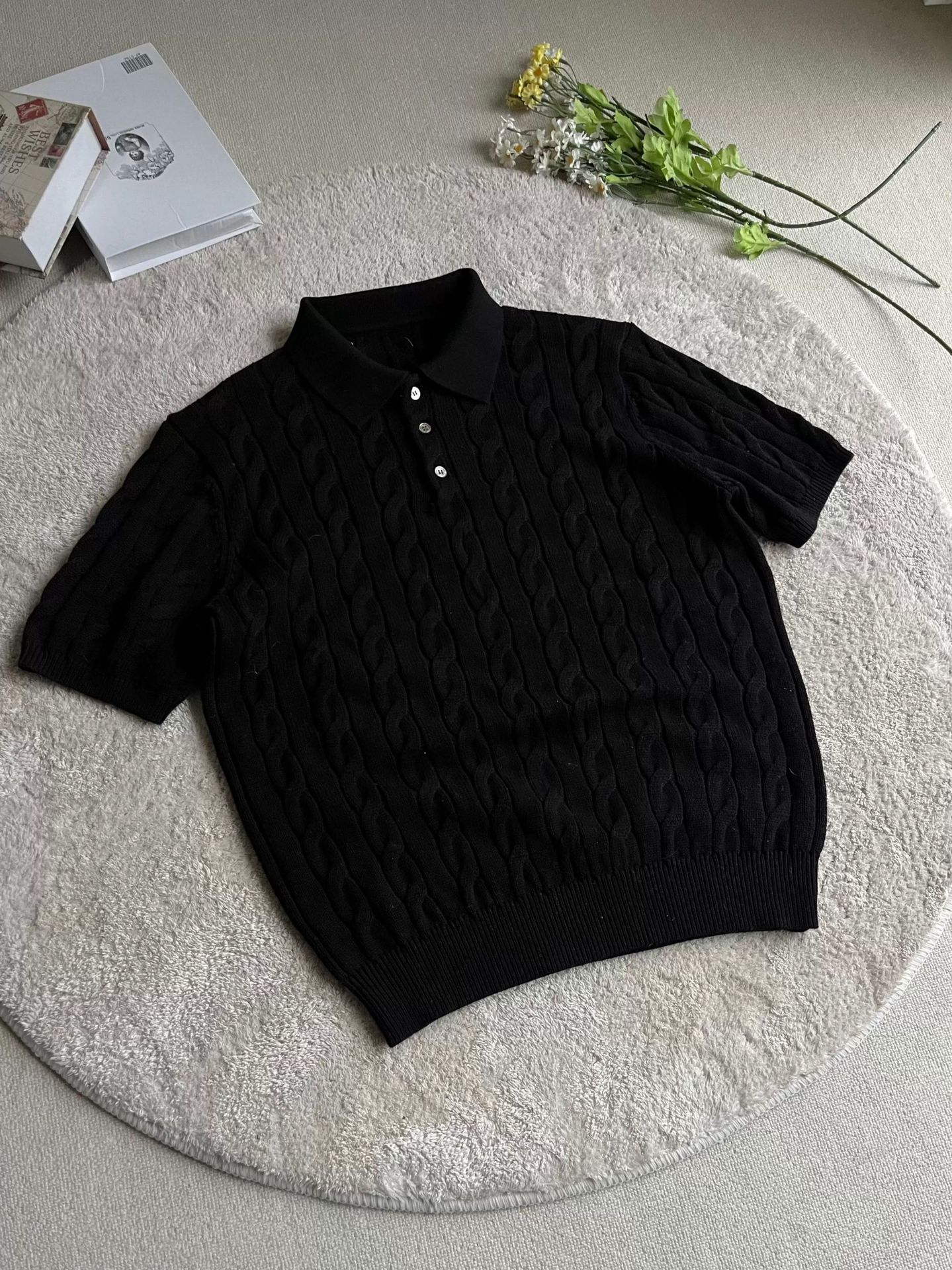 Loro Piana Cable Knit Polo Shirt Black
