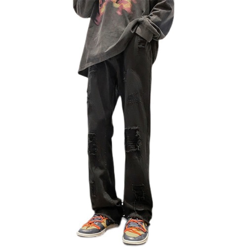 American and European streetwear distressed hole denim jeans for men, spring and autumn, Instagram trendy brand, high street straight-leg pants, loose and versatile, cool and stylish long pants