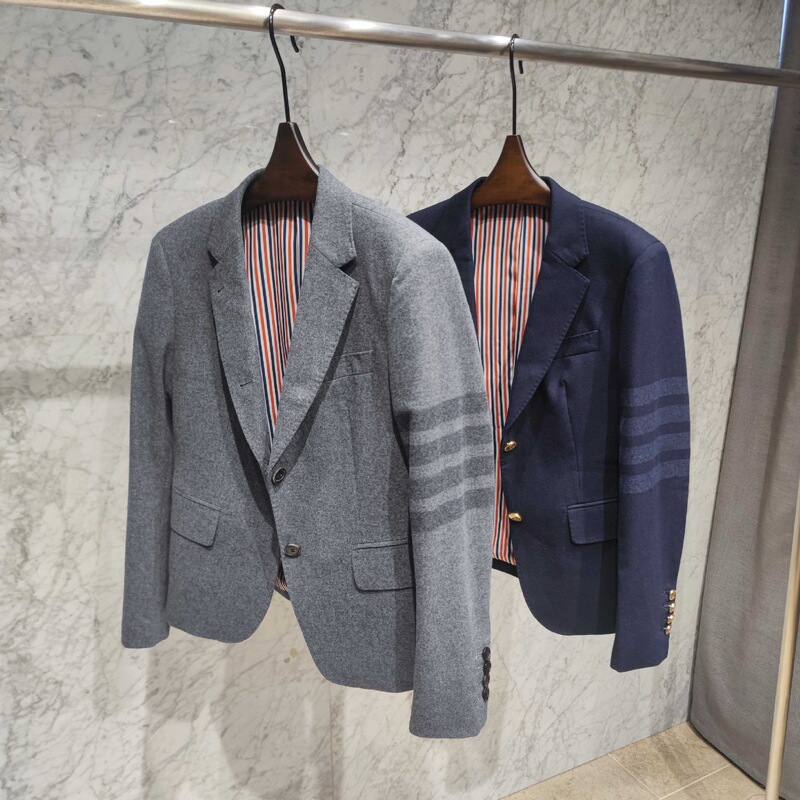 25Ss Tb Style Wool Blazer with Gray Stripe on the Sleeves, Yarn-Dyed Jacket, Women's Spring and Autumn College Style