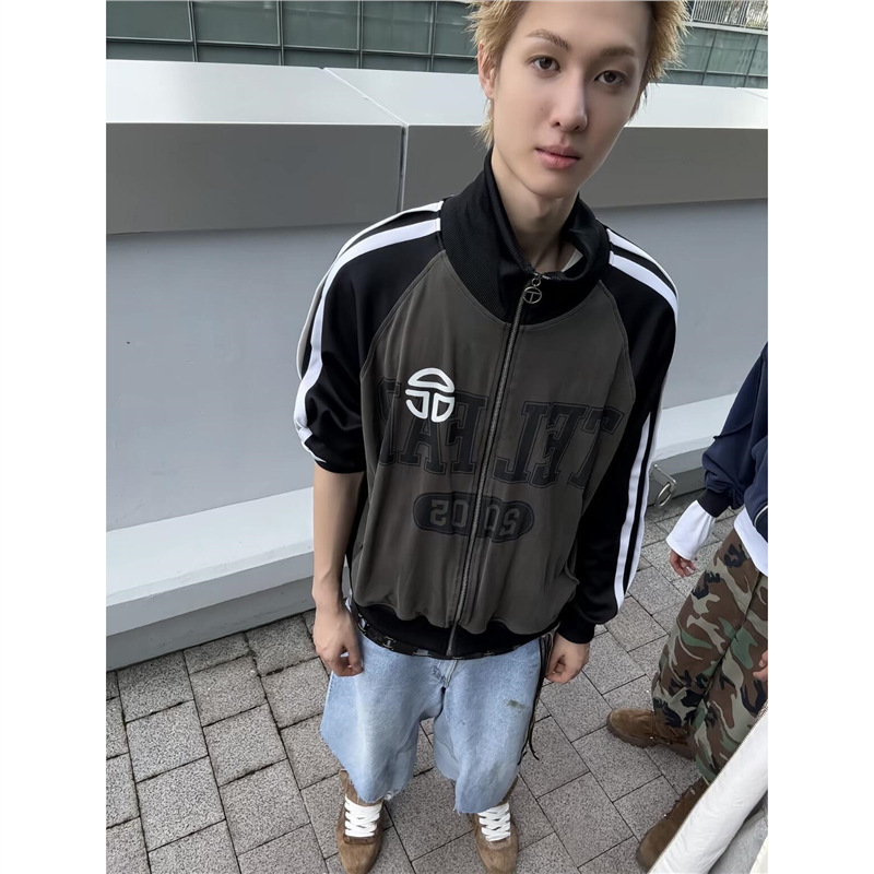 [Same style as Martin] TELFAR retro color-block stand-up collar zip-up two-tone sporty washed and distressed jacket