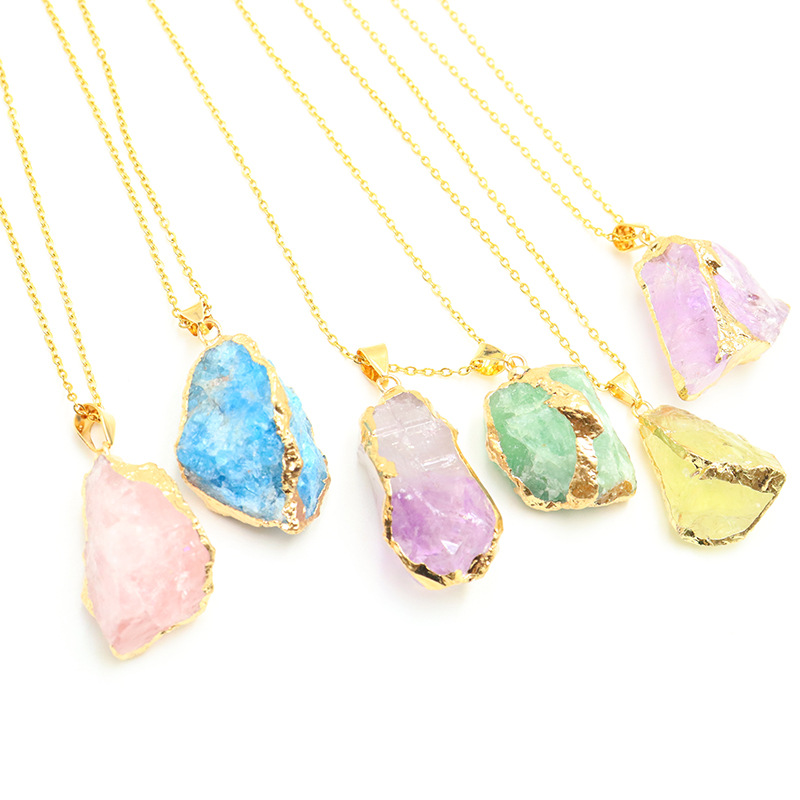 Natural crystal stone gold-plated pendant, raw stone pink, purple, and yellow crystal irregular necklace, sweater chain, cross-border supply