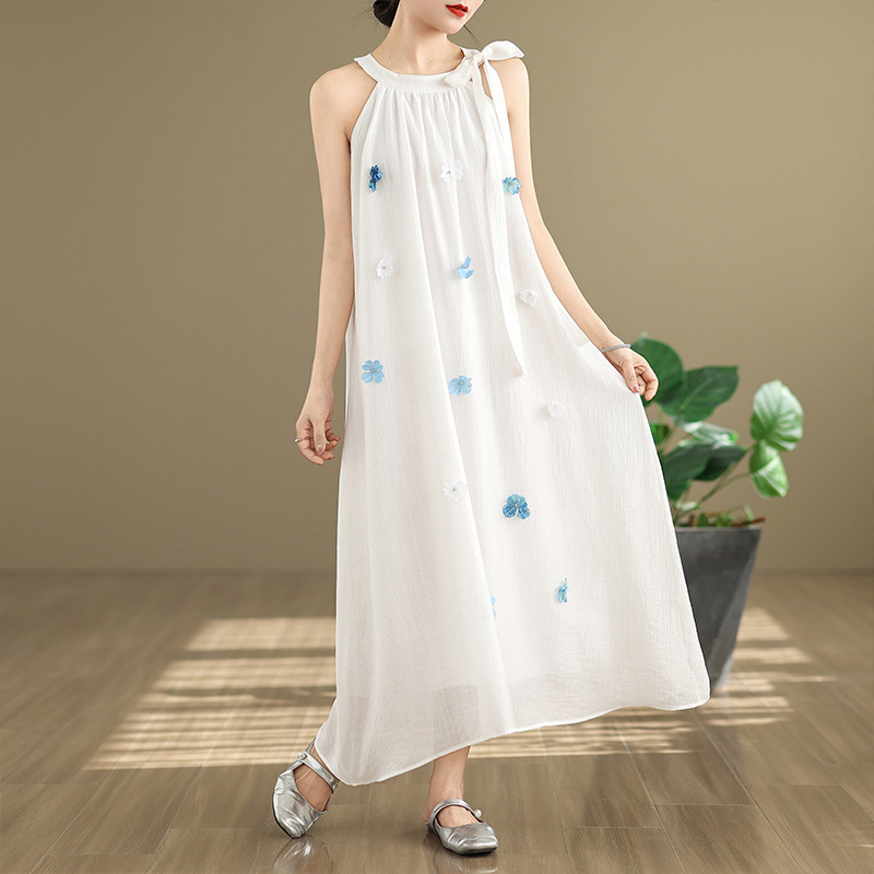 Three-Dimensional Flower Sleeveless Halter Dress For Women's Spring French Style Loose Belly Covering Blue Halter Long D_ecoleips.com