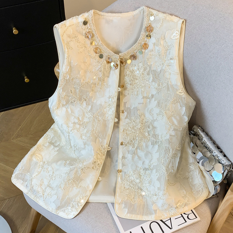 New Guofeng New Chinese Vest Vest Women's Spring and Summer Heavy Industry Embroidered Jacquard Vest Sleeveless Round Neck Waistcoat