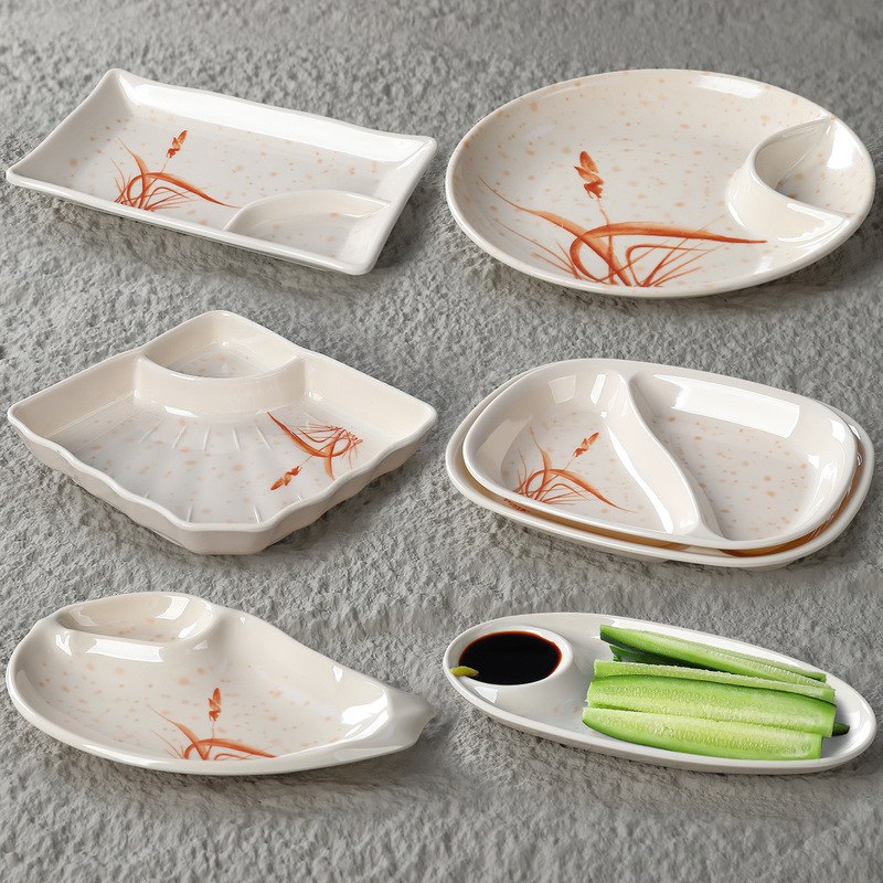 Melamine Divided Plate Plastic Two-Compartment Plate Three-Compartment Dinner Plate Canteen Fast Food Plate Imitation Porcelain Tableware Rice Plate Set