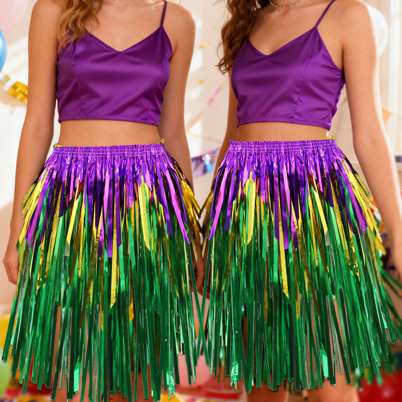 Carnival Purple Gold Green Tassel Rain Silk Skirt New Orleans Festival Dance Performance Dress Skirt Colorful Grass Skirt