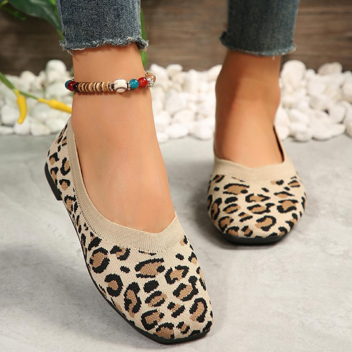 Damen Ballerinas Mit Leopardenmuster Runde Kappe Fly-knit_voghion.com