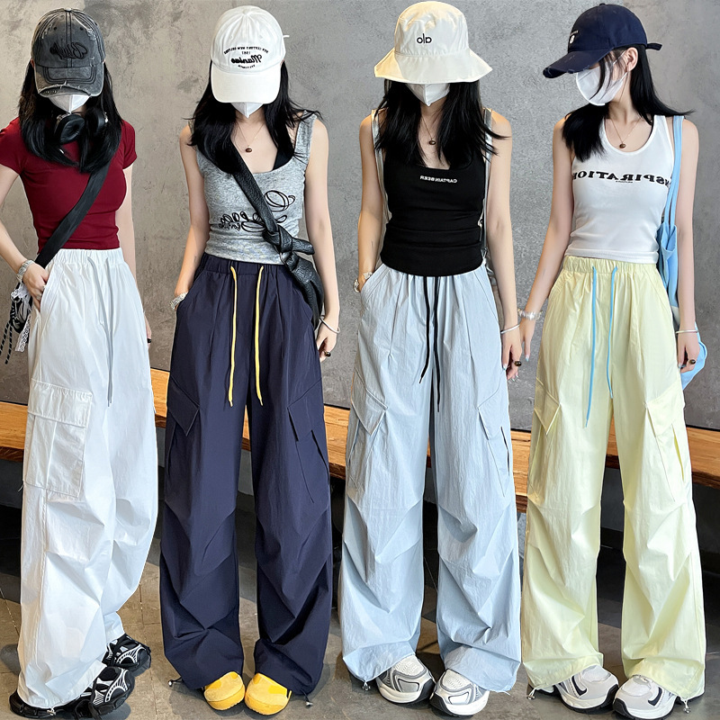 夏の大きなポケット速乾性オーバーオール女性のための 2025 新しいツーウェア薄いアイスシルク空挺部隊屋外アメリカンスポーツパンツ|undefined