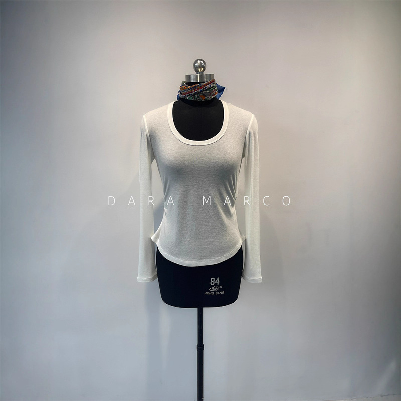 「J Soft and Skin-Friendly」Spoon Neck Silky High-Elastic Wool Lyocell Long-Sleeve Slimming Base T-Shirt for Women in Autumn