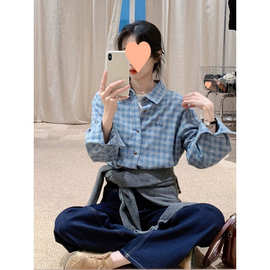 复古气质蓝色格子Polo领衬衫春季磨毛上衣女2025新款松弛感衬衣