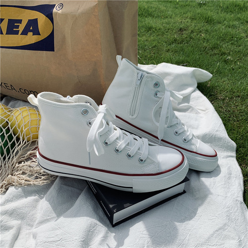  Autumn New High-Top Canvas Shoes for Women Korean Style Casual Student Trendy Women's Shoes Basic Zipper White Shoes