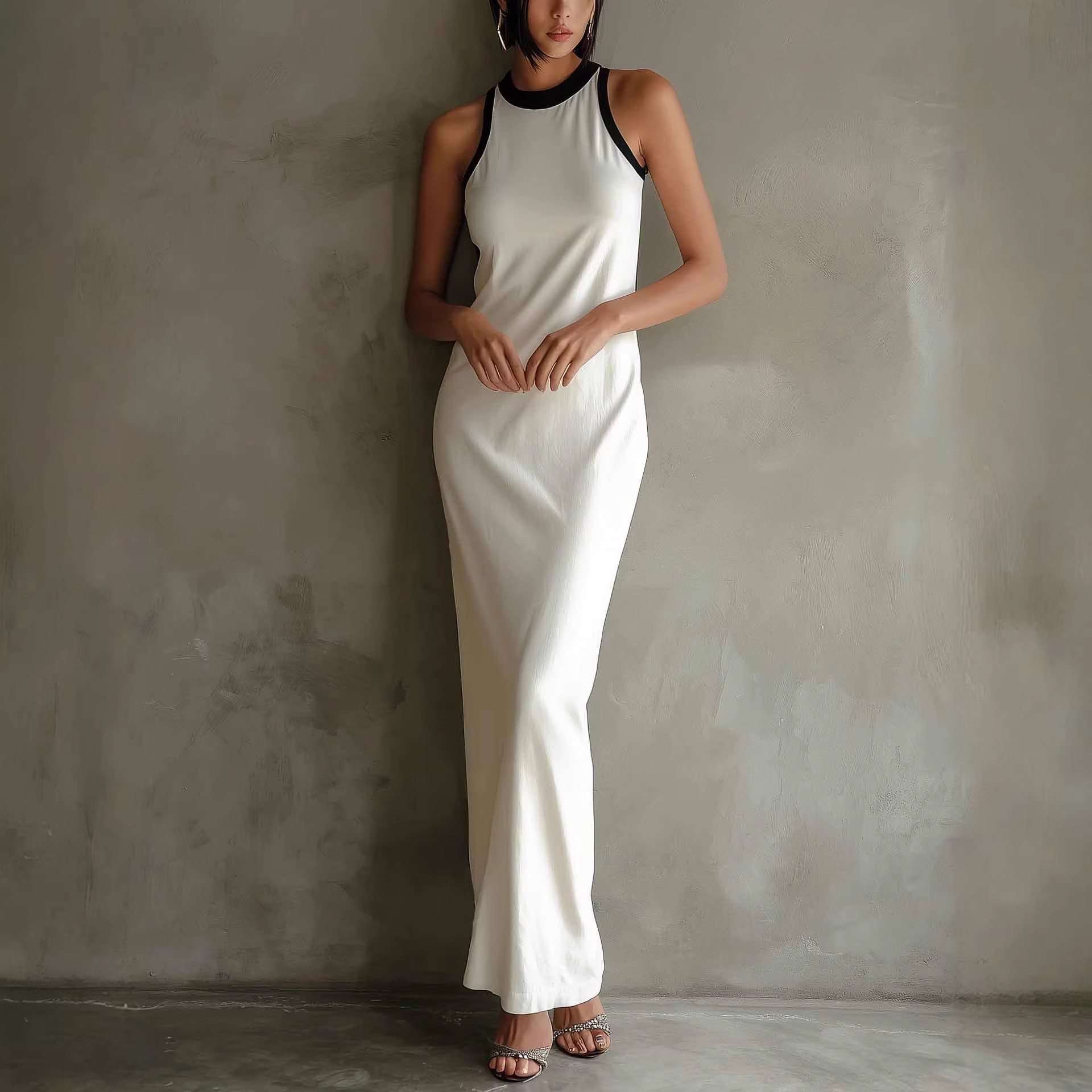 2026 Europäische und amerikanische grenzüberschreitende unabhängige Website Elegantes lässiges ärmelloses Strickkleid im Farbblock-Design_voghion.com