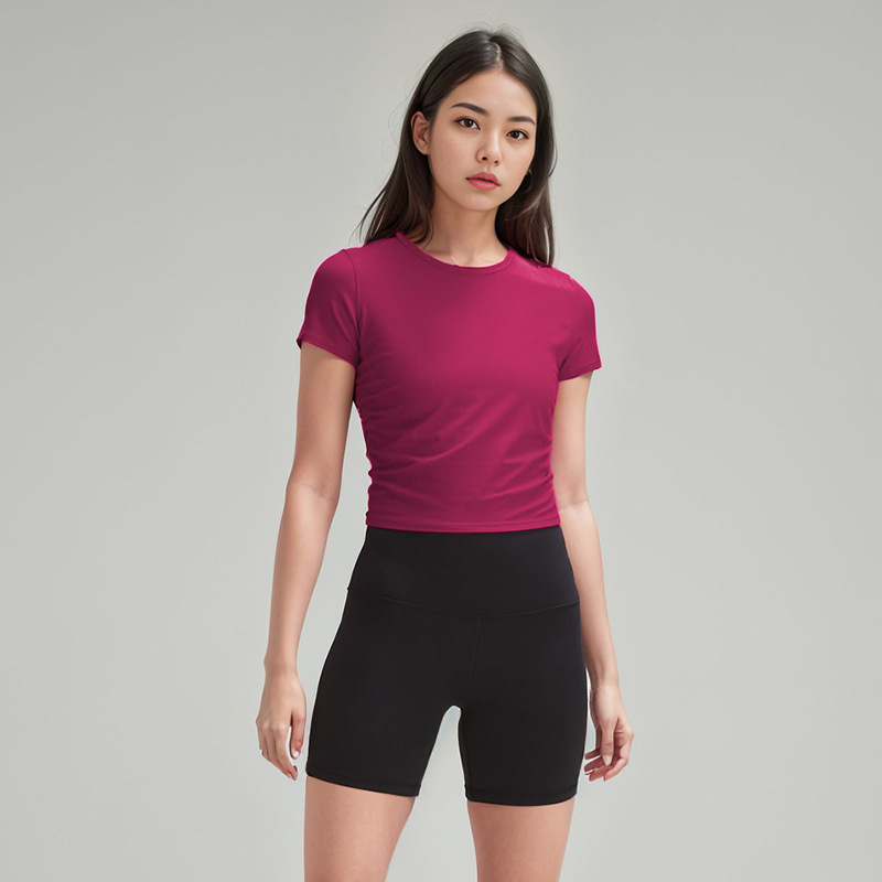 Summer Yoga Women's Breathable Quick-Dry Slim-Fit Nylon Ribbed High-Elastic Sports Jogging Short-Sleeve Trendy Top Summer Yoga Women's Breathable Quick-Dry Slim-Fit Nylon Ribbed High-Elastic Sports Jogging Short-Sleeve Trendy Top
