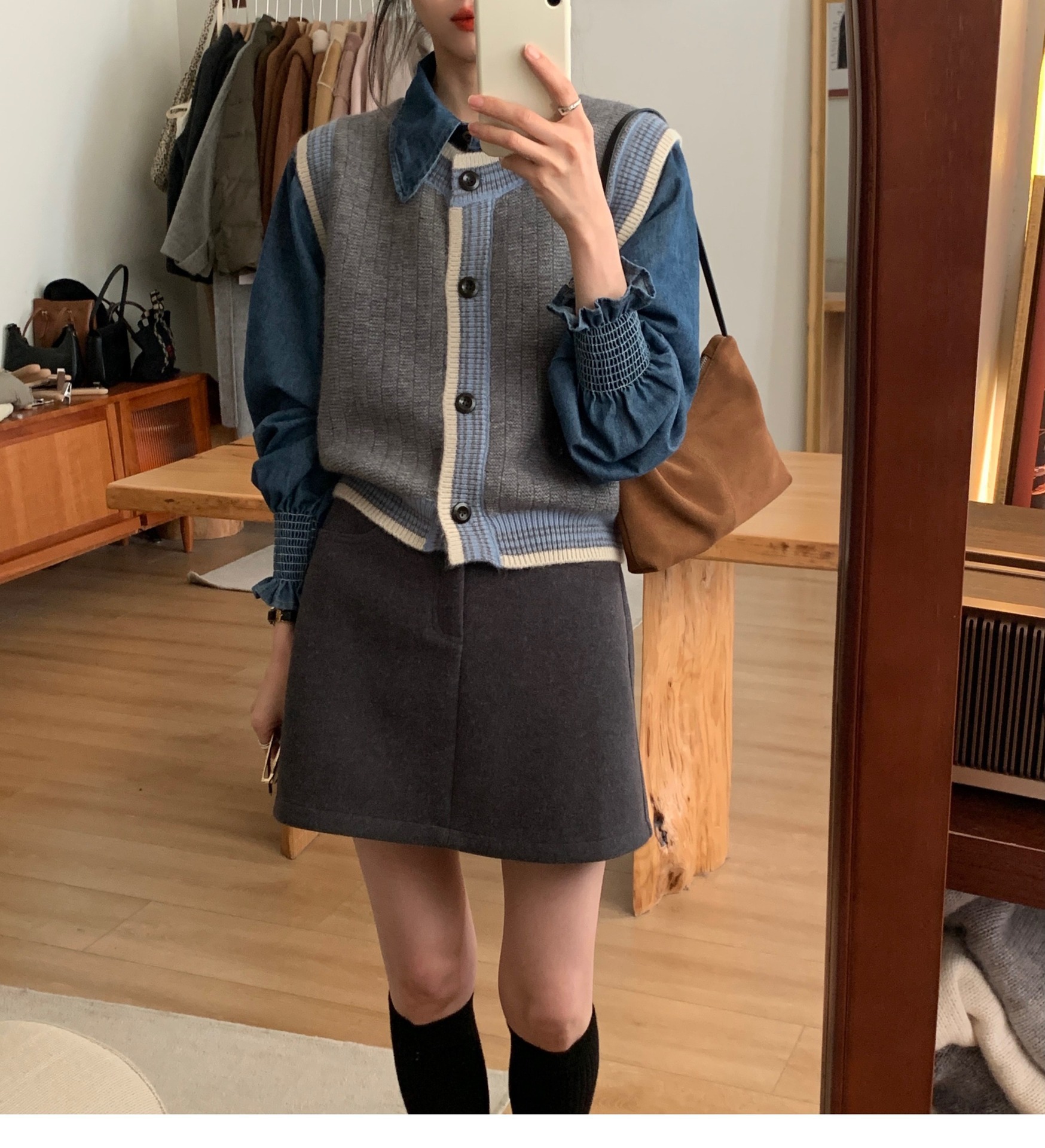 estilo universitario coreano de otoño y invierno ropa de mujer retro alto nivel de color de punto cardigán chaleco de diseño de estilo caballo clip de moda mujer