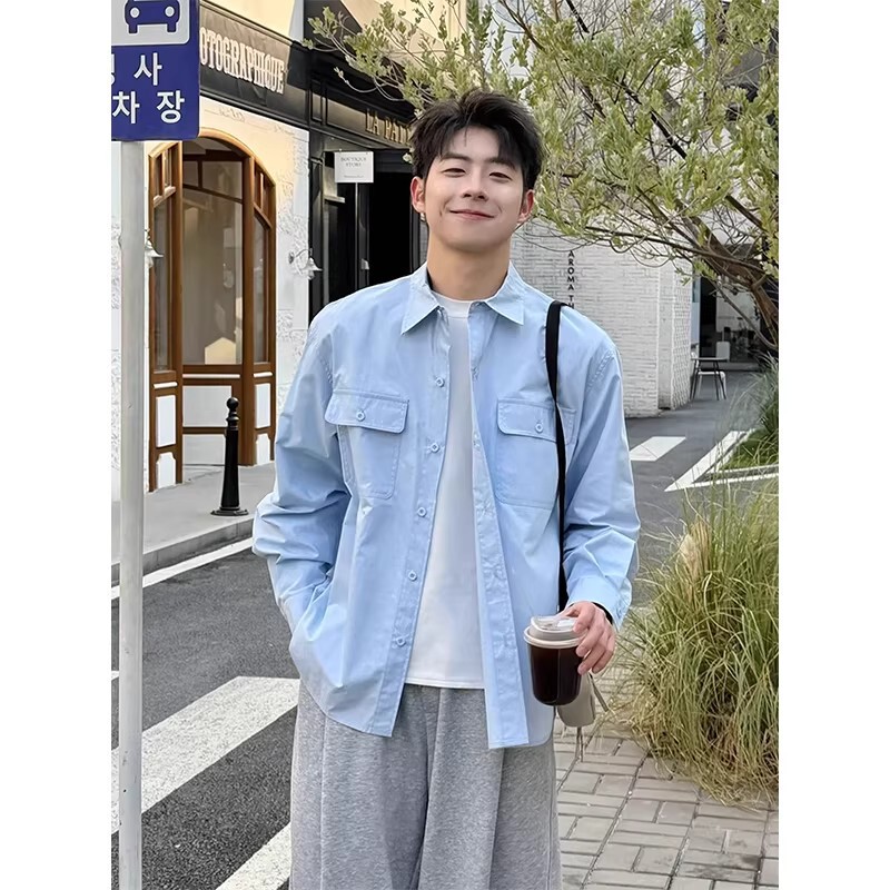 Light Blue Workwear Long-Sleeved Shirt for Men, Spring Style, Cool and Stylish, Layered Casual Shirt, Cleanfit Jacket