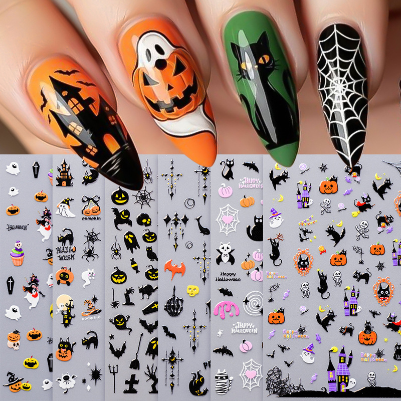 Cross-border bestseller Halloween nail art stickers 5D three-dimensional relief pumpkin skull spider web DIY nail decals Cross-border bestseller Halloween nail art stickers 5D three-dimensional relief pumpkin skull spider web DIY nail decals