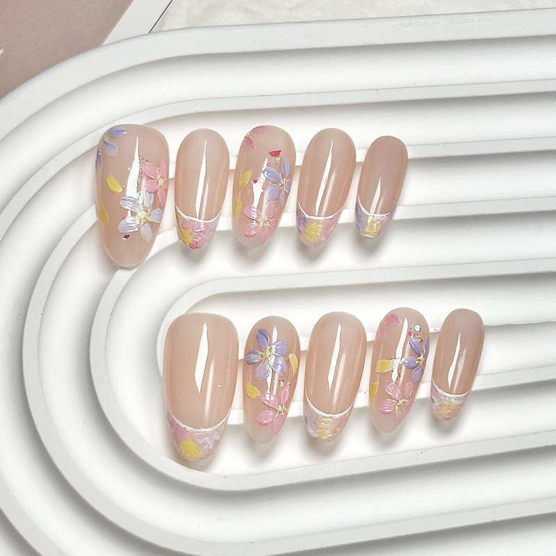 Pure handmade boutique wearing armour high-end false nails hand-painted flower oil painting wind nude French nail patch wholesale