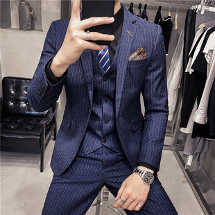 Foreign Trade Men's Striped Suit Business Formal Three-Piece Suit Groom and Best Man Dress Autumn One-Button Suit