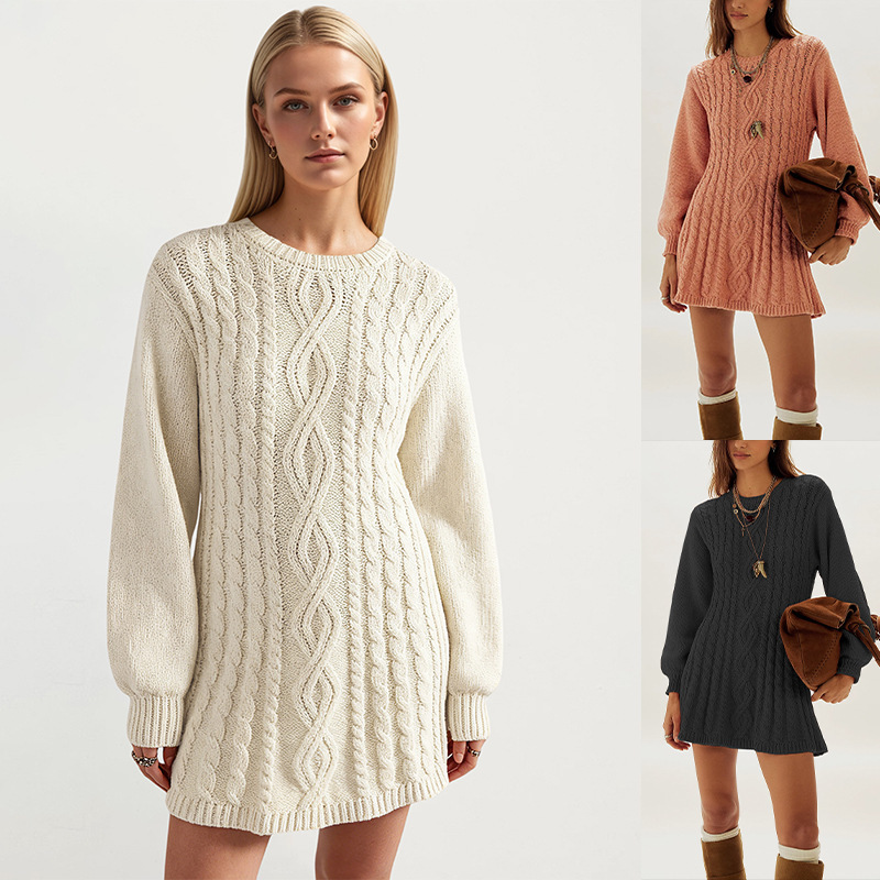 2026 Autumn and Winter Cross-Border Hot-Selling Amazon New European and American Women's Fashion Twist Long-Sleeve Loose Knit Dress 2026 Autumn and Winter Cross-Border Hot-Selling Amazon New European and American Women's Fashion Twist Long-Sleeve Loose Knit Dress