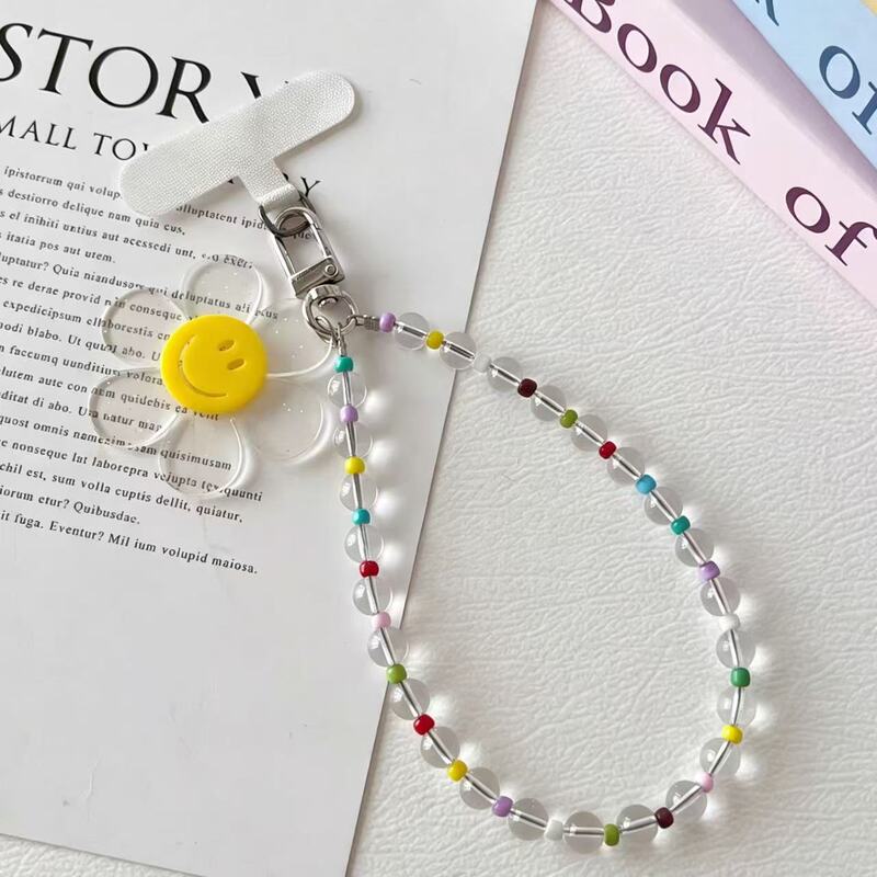 New Style Smiley Face Flower Phone Chain, Korean Style Wrist Strap, Ice-Clear Glass Beaded Phone Lanyard, Bag Pendant New Style Smiley Face Flower Phone Chain, Korean Style Wrist Strap, Ice-Clear Glass Beaded Phone Lanyard, Bag Pendant