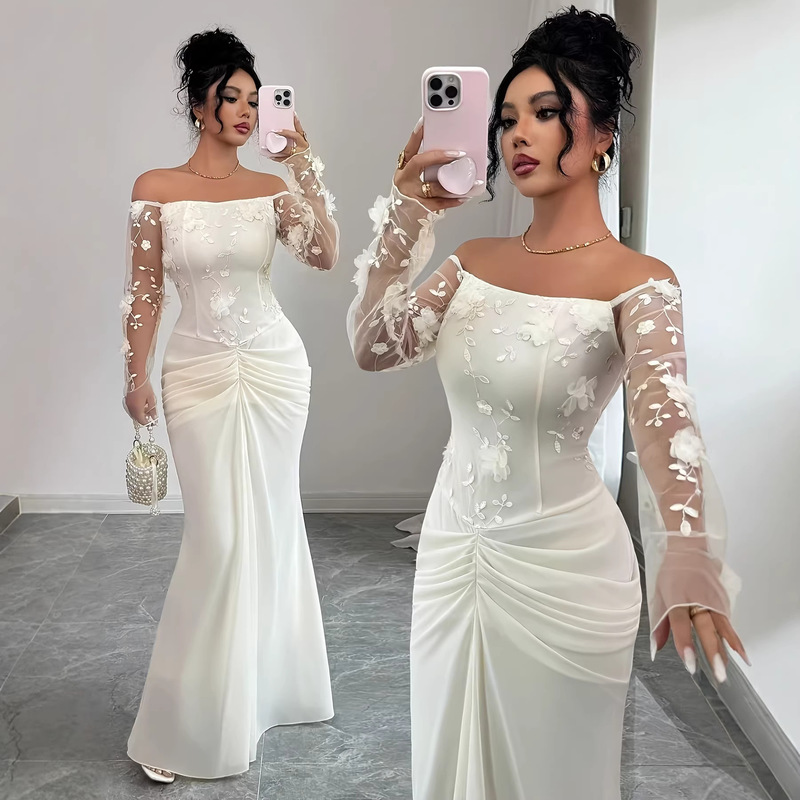French-Style Light Wedding Dress, Strapless, Fairy-Like, Off-The-Shoulder, Long-Sleeve, White Engagement Gown French-Style Light Wedding Dress, Strapless, Fairy-Like, Off-The-Shoulder, Long-Sleeve, White Engagement Gown