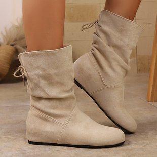 2025 New Cross-Border Foreign Trade Lace-Up Wedge Suede Amazon Mid-Calf Boots for Women European and American Pleated Large Size Dropshipping