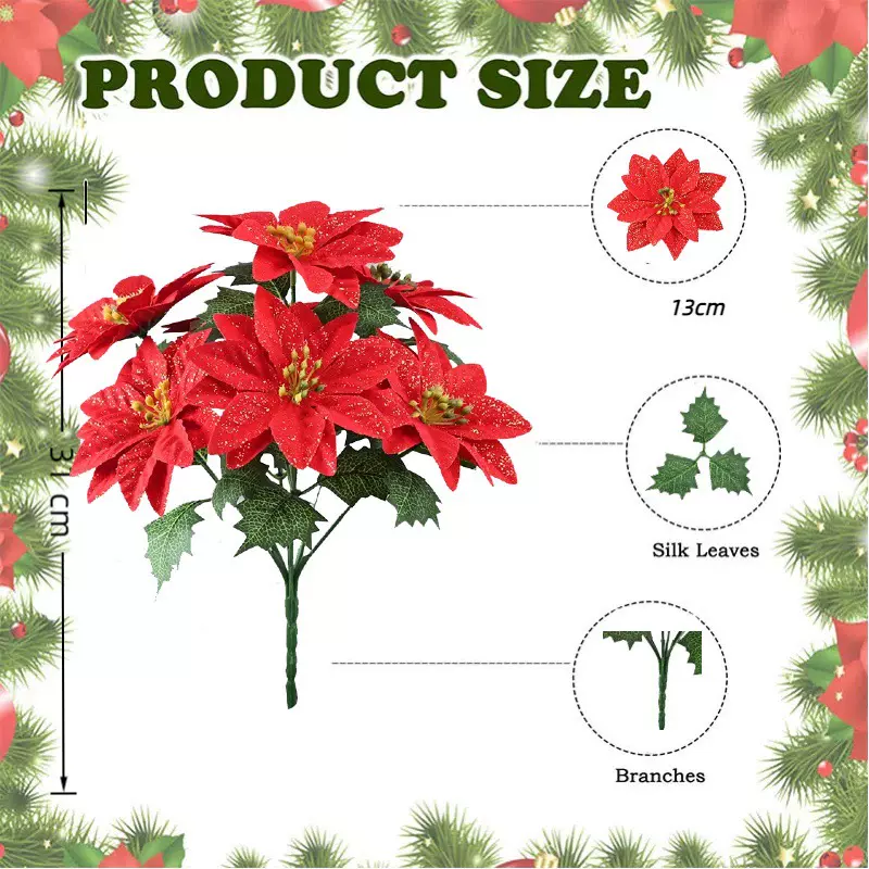 仿真7叉圣诞花 一品红圣诞装饰用品假花束节日活动婚庆用品热销