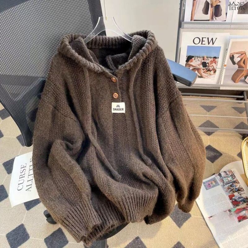 2025 New Autumn and Winter Korean Style Loose Lazy Style Hooded Sweater Women's Soft Waxy Thickeneded Drawstring Knitted Sweatshirt Top