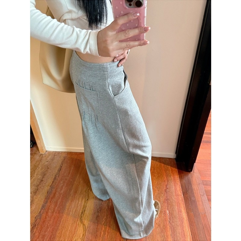 American retro-style, loose-fitting, gray wide-leg pants, women's trendy Korean-style casual pants with a stylish design